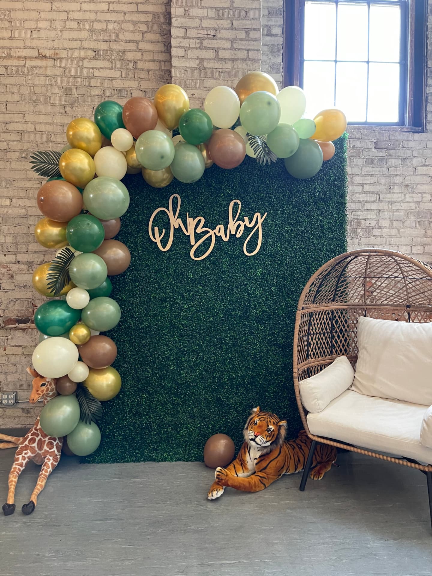 Oh Baby balloon arch backdrop set up for a baby shower at Host Wenatchee